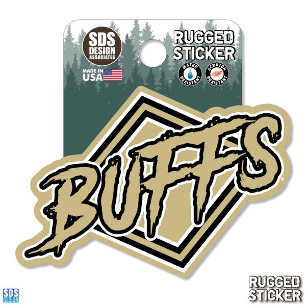 Rugged sticker with the word “Buffs” in a dynamic brushstroke font layered over a tilted CU interlocking diamond design in black and vegas gold.
